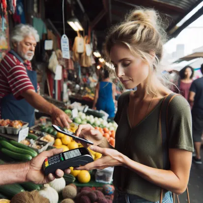 An American Woman in a Market Stall Paying With YEM