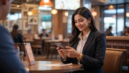 An Indian Woman in a Restaurant Paying With YEM