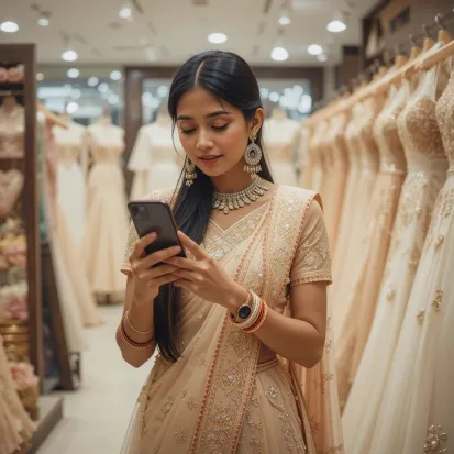 An Indian Woman in a Wedding Dress Shop Paying With YEM